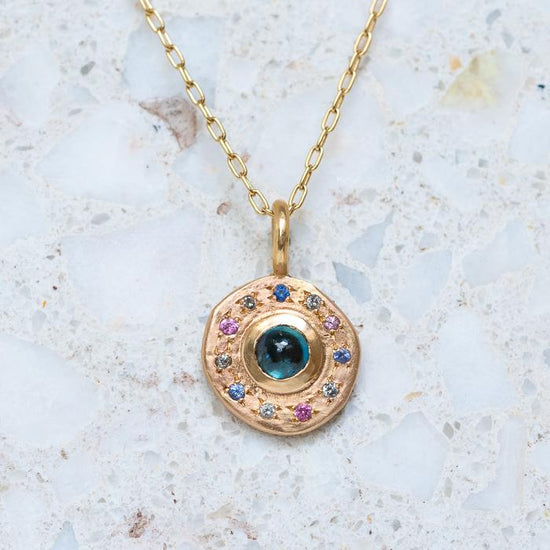 Load image into Gallery viewer, Teal Parti Sapphire Roman Disc Necklace
