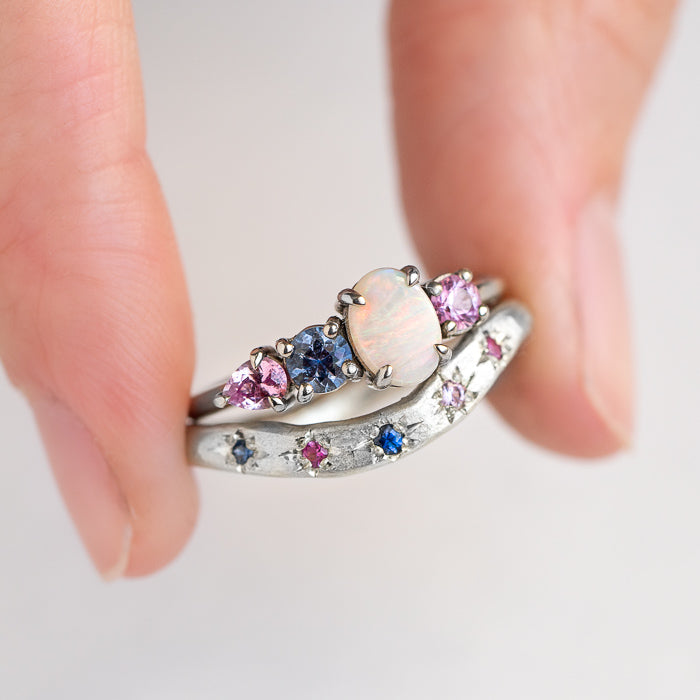 Celestial Hidden Treasure Band With Blue And Pink Sapphires In 9ct White Gold, Size O and a half (In Stock)