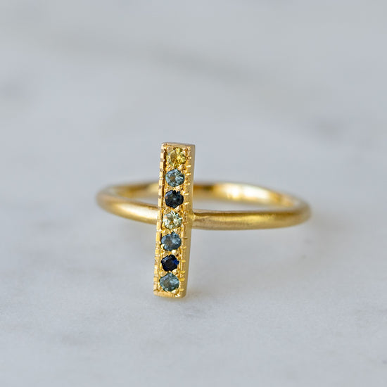 Parti Sapphire Bar Ring In 18ct Yellow Gold, Size M (In Stock)