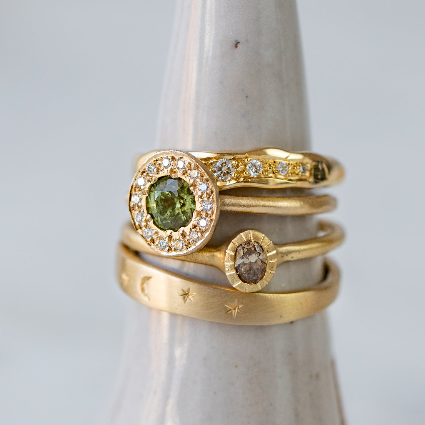 Green Sapphire and Diamond Pebble Ring