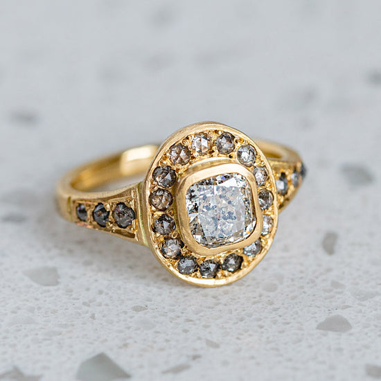 Large Cushion Cut Salt & Pepper Diamond Roman Ring, 18ct Yellow Gold, Size L (In Stock)