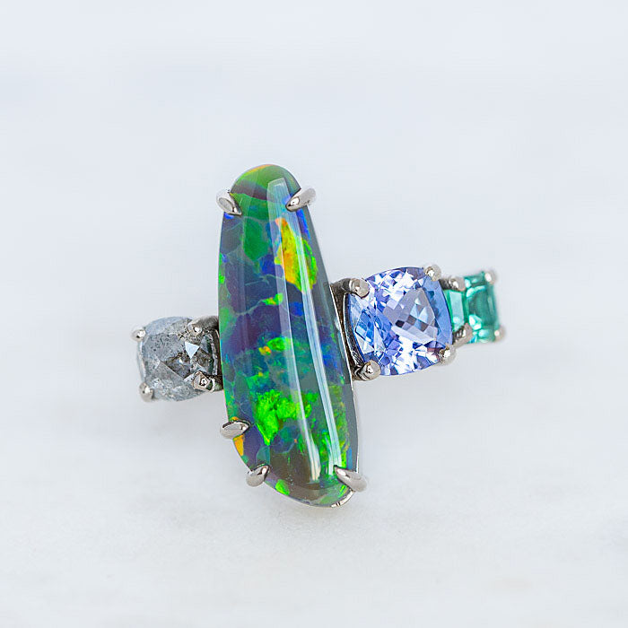 One Off Black Opal and Salt and Pepper Diamond Splice in 18ct White Gold, Size Q (In Stock)