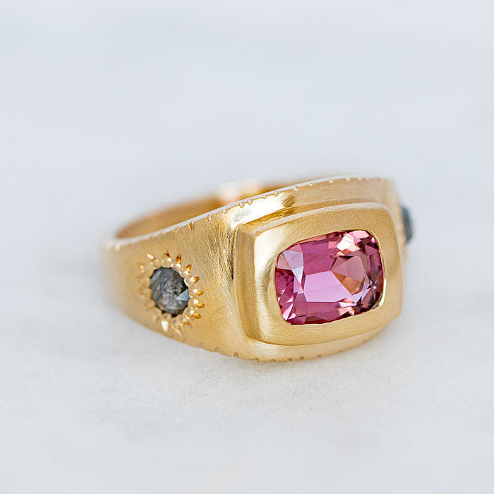 Peach Tourmaline and Salt and Pepper Diamond Armour Ring In 14ct Yellow Gold, Size O (In Stock)