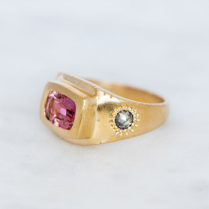 Peach Tourmaline and Salt and Pepper Diamond Armour Ring In 14ct Yellow Gold, Size O (In Stock)