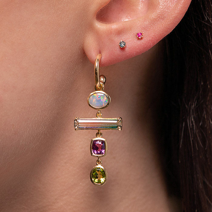 Black Opal And Watermelon Tourmaline Tetris Earrings In 18ct Yellow Gold (In Stock)