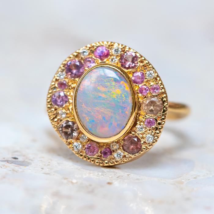 Opal and Pink Gem Pebble Ring
