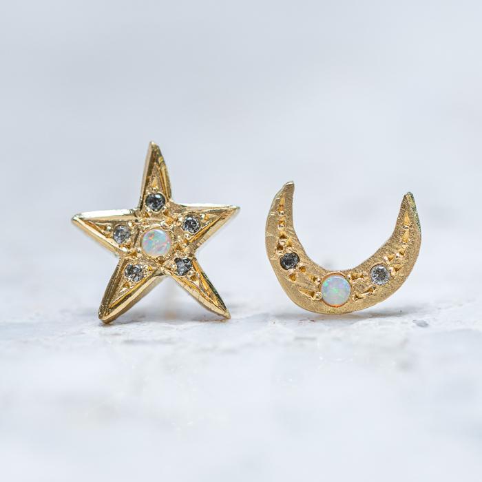 Star and Moon Studs In 18ct Yellow Gold (In Stock)