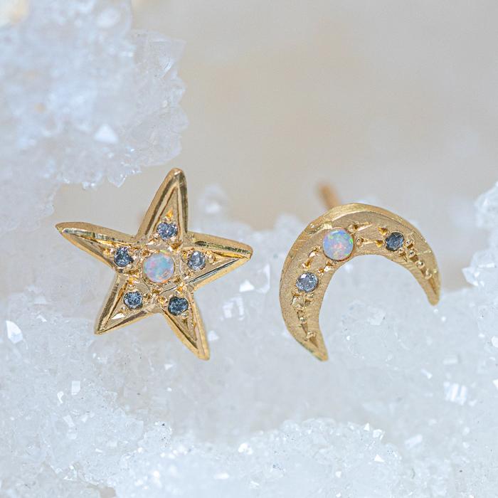 Star and Moon Studs In 18ct Yellow Gold (In Stock)