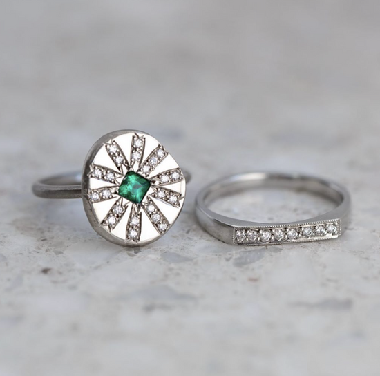 Load image into Gallery viewer, Emerald and Diamond Sun Ray Ring In 14ct White Gold, Size O (In Stock)
