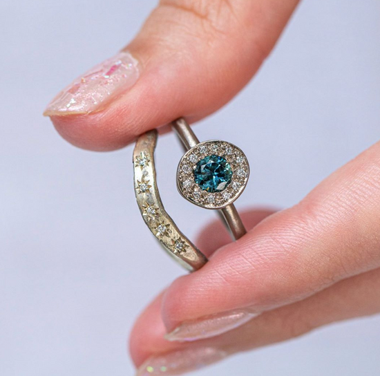 Teal Sapphire and Diamond Pebble Ring