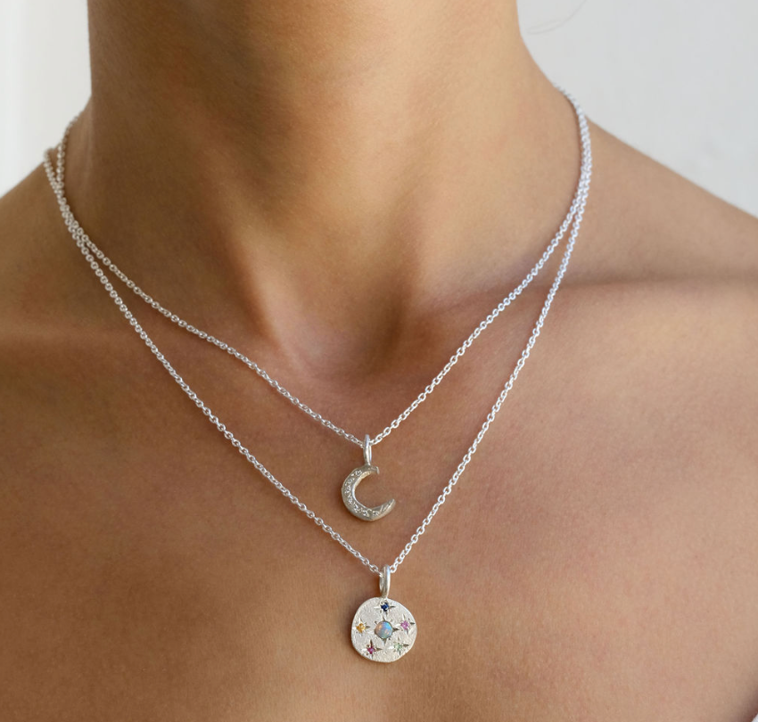 Mini Moon Diamond Necklace In Silver (In Stock)