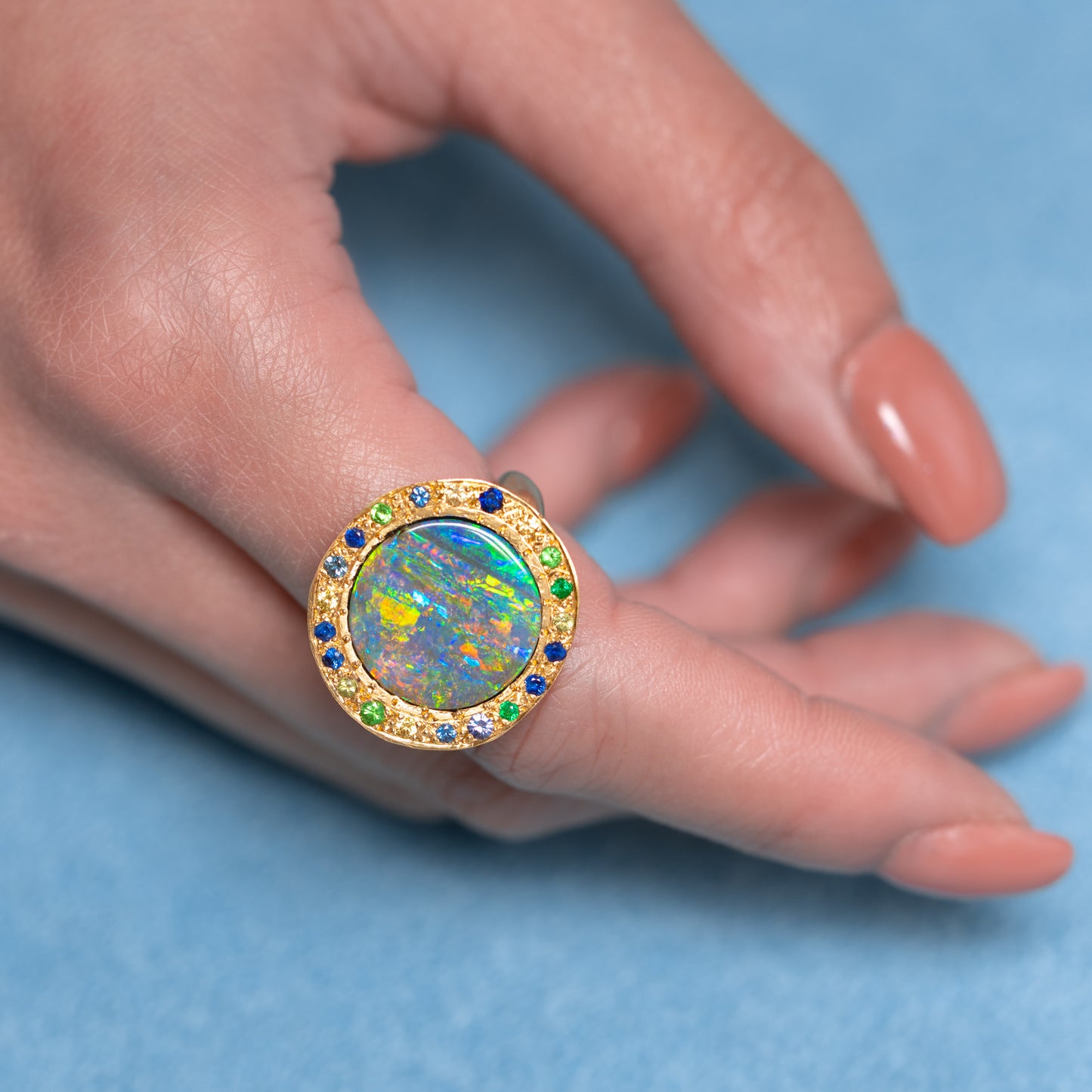 Boulder Opal Eclipse Ring In 18ct Yellow Gold, Size N and a half (In Stock)