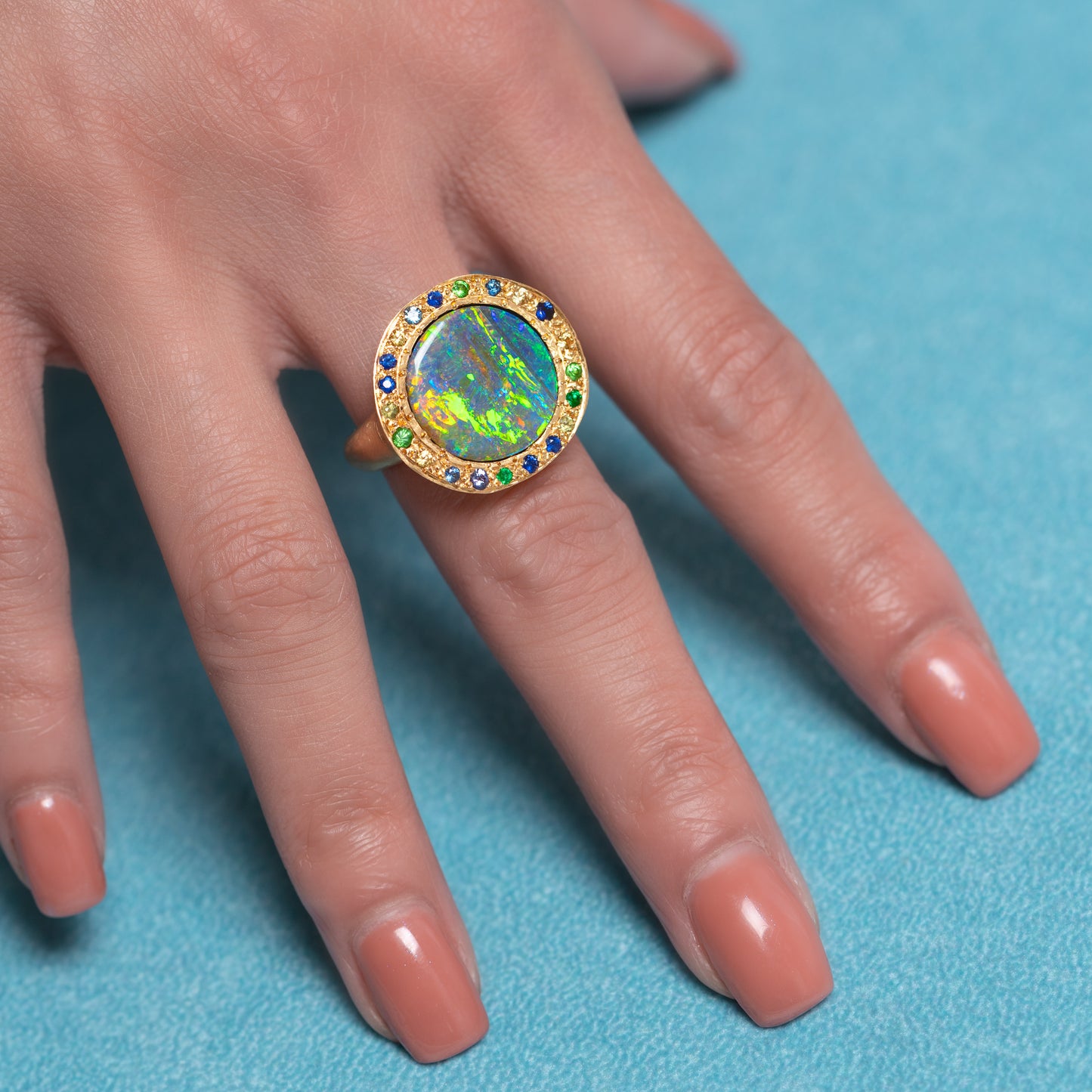 Boulder Opal Eclipse Ring In 18ct Yellow Gold, Size N and a half (In Stock)