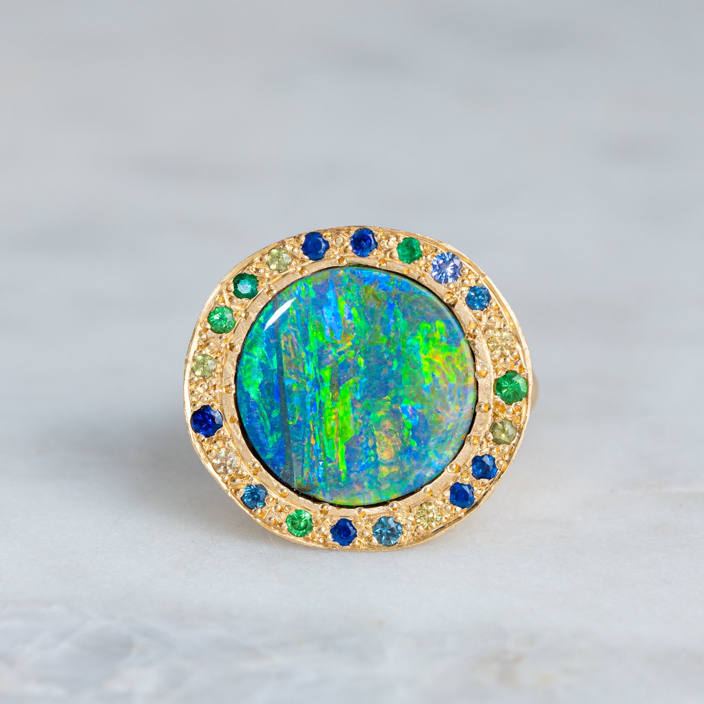 Boulder Opal Eclipse Ring In 18ct Yellow Gold, Size N and a half (In Stock)