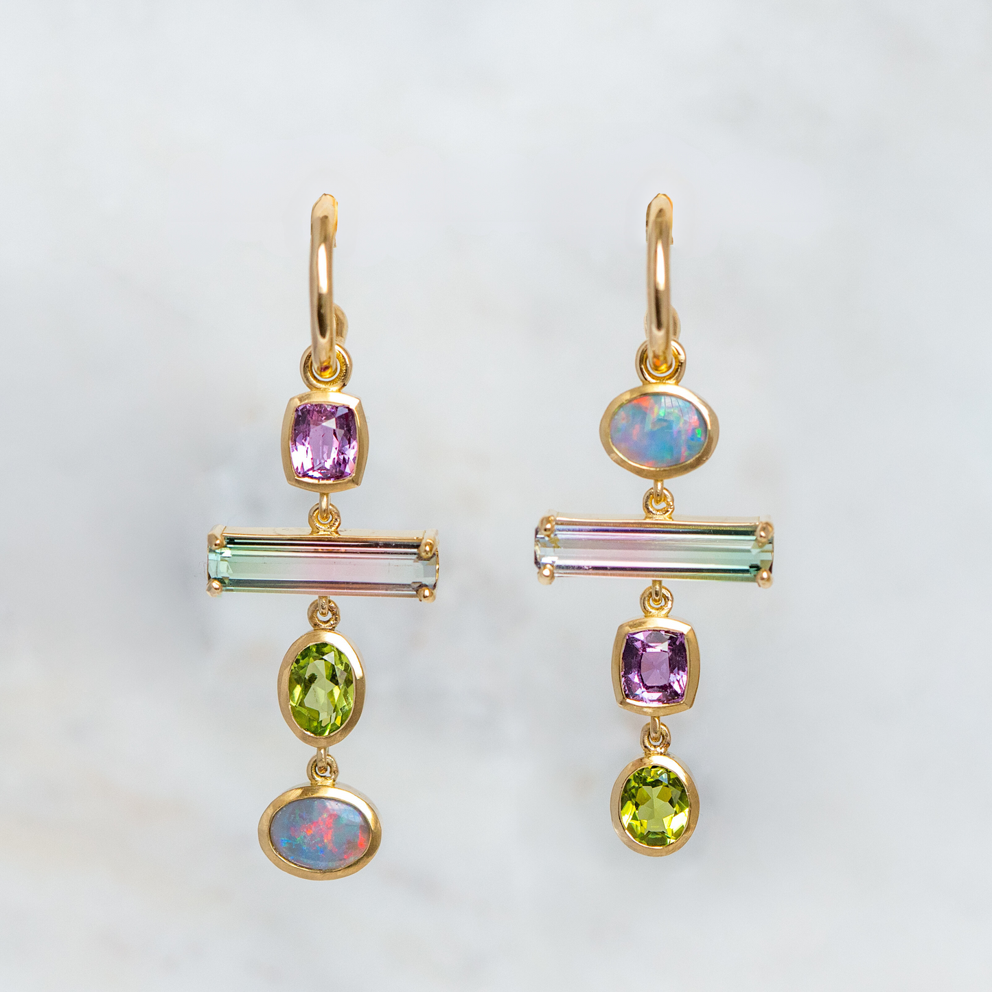Black Opal And Watermelon Tourmaline Tetris Earrings In 18ct Yellow Gold (In Stock)