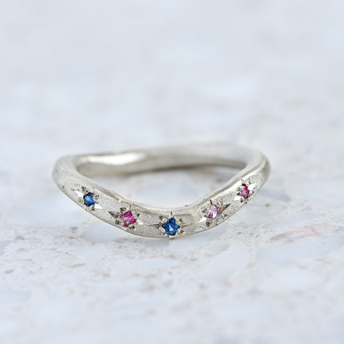Celestial Hidden Treasure Band With Blue And Pink Sapphires In 9ct White Gold, Size O and a half (In Stock)