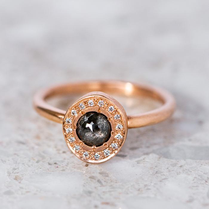 Dark Diamond Halo Pebble Ring in 14ct Rose Gold, Size N (In Stock)