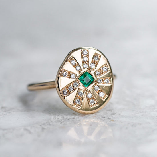 Emerald and Diamond Sun Ray Ring