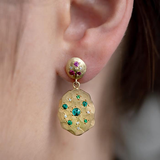 Emerald And Pink Sapphire Splatter Earrings