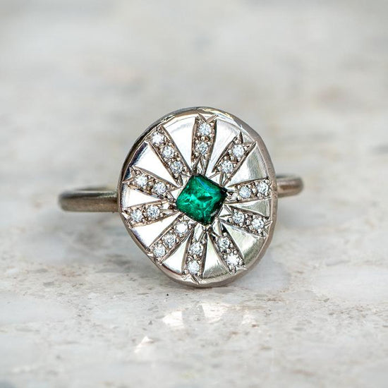 Emerald and Diamond Sun Ray Ring In 14ct White Gold, Size O (In Stock)