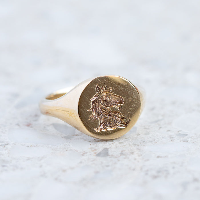 Horse Head Signet Ring In 9ct Yellow Gold, Size J and a half (In Stock)