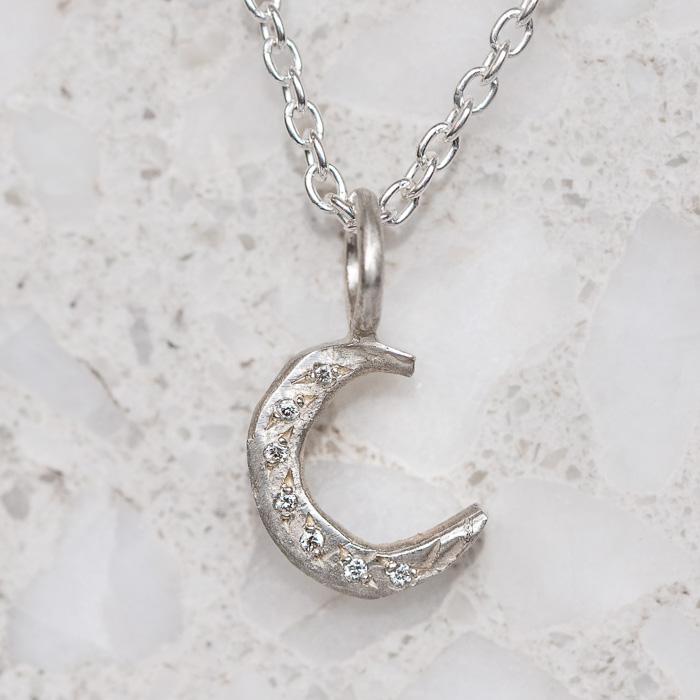 Mini Moon Diamond Necklace In Silver (In Stock)