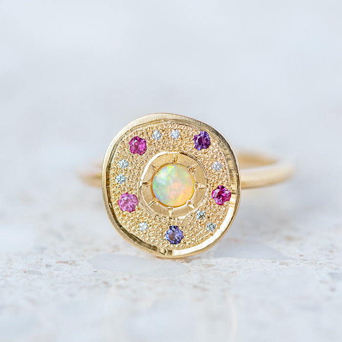 White Opal, Pink Sapphire and Diamond Pebble Ring