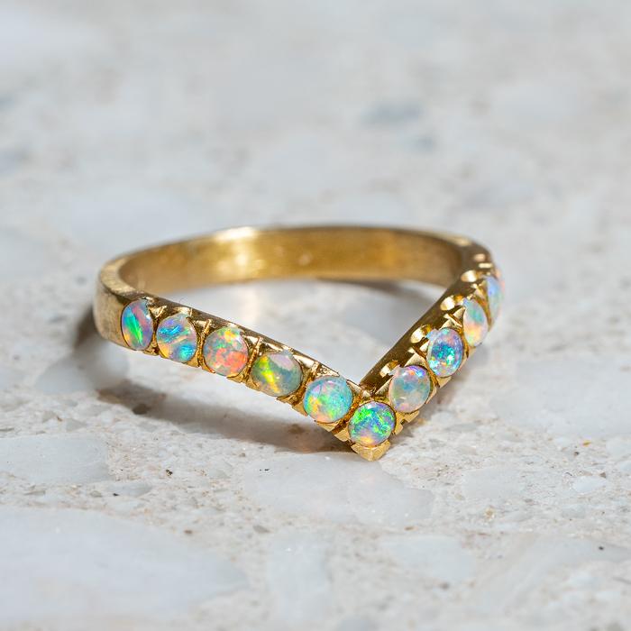 Opal V Band In 18ct Yellow Gold, Size P (In Stock)