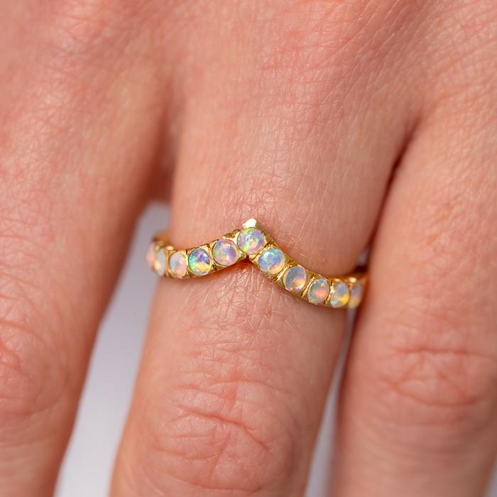 Opal V Band In 18ct Yellow Gold, Size P (In Stock)