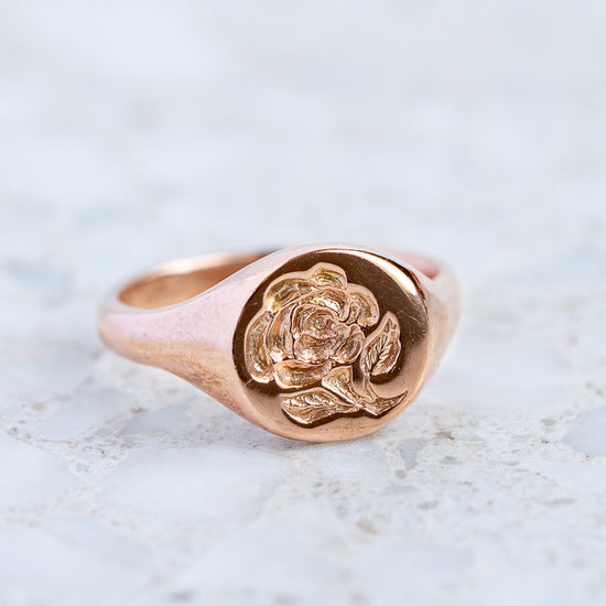 Rose Signet Ring In 9ct Rose Gold, Size M and a half (In Stock)