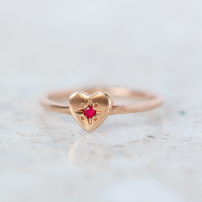 Ruby Mini Heart Stacking Ring in 9ct Rose Gold, Size I (In Stock