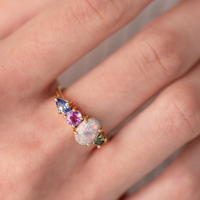 Semi Black Opal And Sapphire Splice Ring in 14ct Yellow Gold, Size P a ...