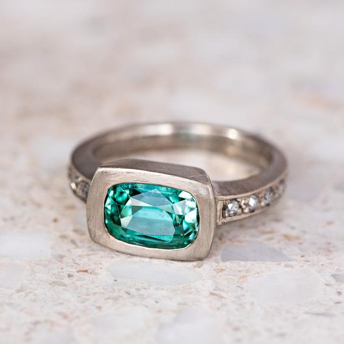 Mint Green Tourmaline Frame Ring In 18ct White Gold, Size P (In Stock)