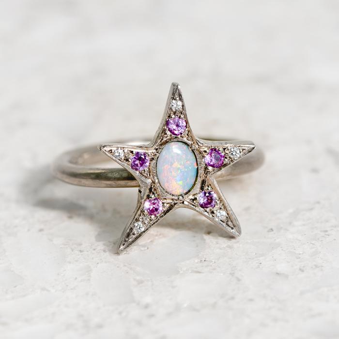 Wonky Star Ring with Pink Sapphires and Diamonds In 14ct White Gold, Size M (In Stock)